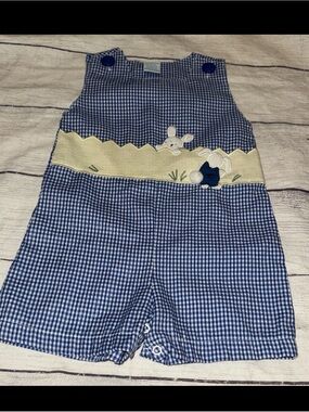 Ellemenno Baby Boy Blue Gingham Jon Jon Easter Bunny Romper Size 6-9m